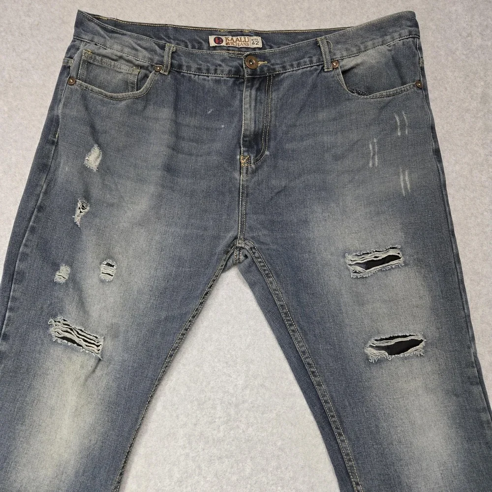 Kaalu Jeans Mens 42x32‎ Blue Distressed Denim Straight Leg Ripped Trendy Pants